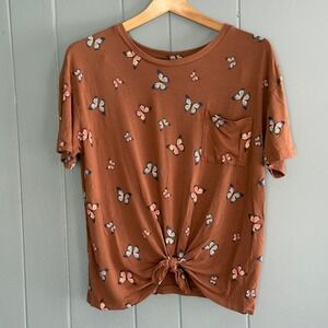 Y2K Brown Butterfly Print Tee No Boundaries L Tie Front SoftGirl Fairycore Shirt